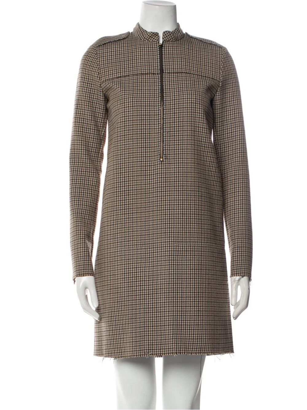 Celine Brown Houndstooth Long-Sleeve Zip-Front Wool Mini Dress Size S